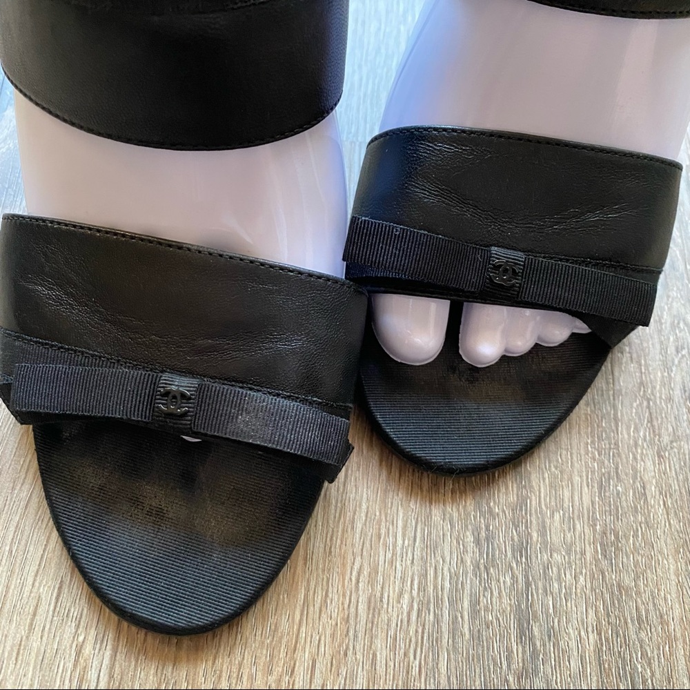 CHANEL Paris CC Black Leather Ribbon Bow Mules Heels Shoes 37.5 - Picture 3 of 12